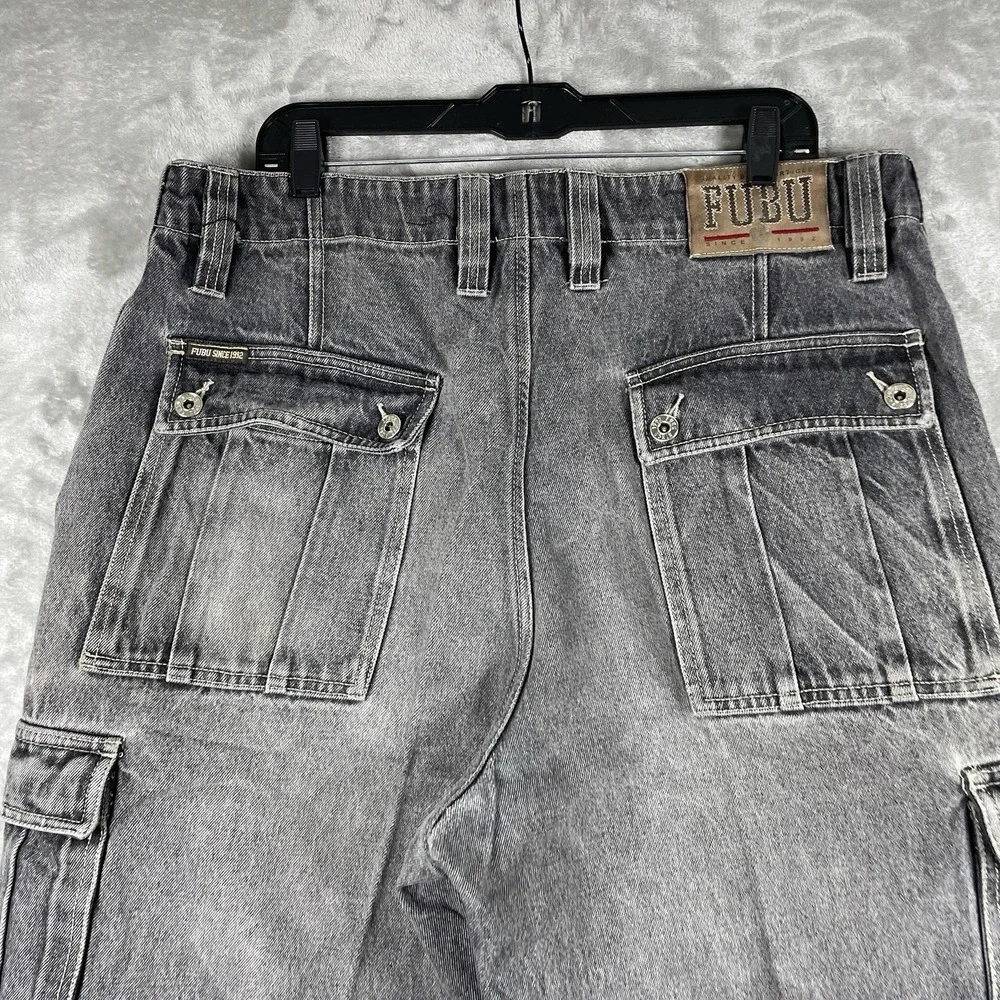 Vtg Y2K FUBU Cargo Shorts Black Denim Jorts Super Baggy Loose 38W (fit 36x15)